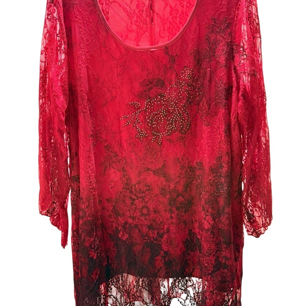 Avenue Womens Red Floral‎ Lace Ombre Tunic Top Rhinestone 3/4 Sleeve Size 18/20